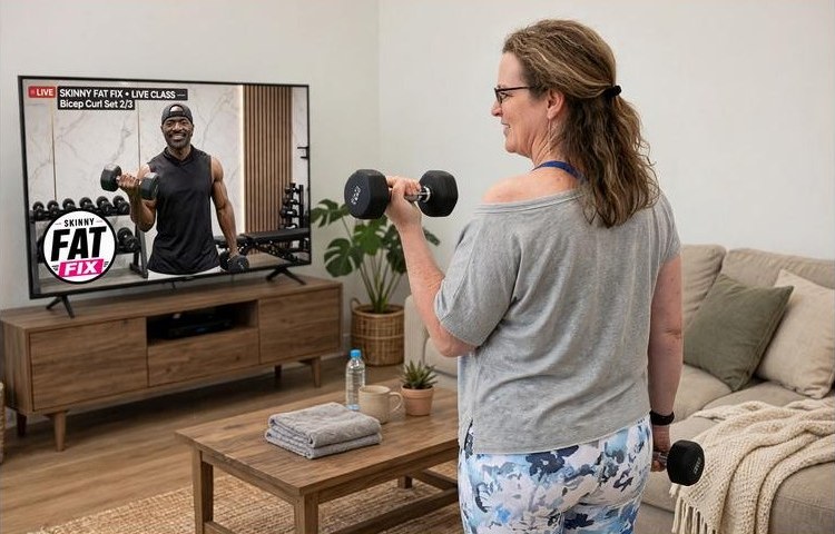 A patient at home doing a live Shape & Strength Club workout, with Coach RJ coaching live on the TV